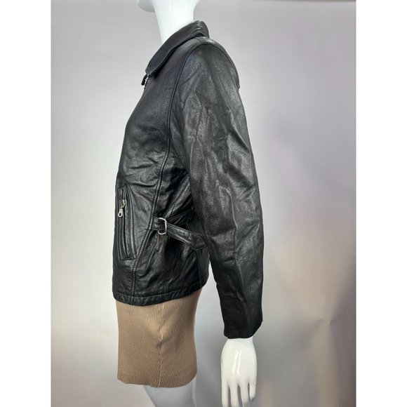 Laura Leigh Vintage Leather Biker Jacket Size Large Black Zip Front and Pockets - Picture 16 of 16